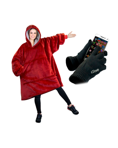 Плед с капюшоном - Huggle Hoodie (красный) + Перчатки для сенсорных экранов - iGlove