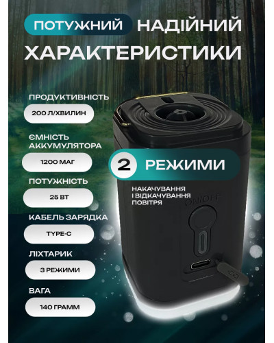 Беспроводной мини насос 4 в 1 - насос, вакууматор, фонарик и раздуватель огня