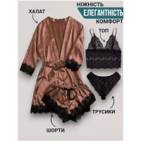 Женская шелковая пижама 4 в 1 (халат, топ, шорты и трусики) изумрудный S, M, L