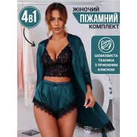 Женская шелковая пижама 4 в 1 (халат, топ, шорты и трусики) изумрудный S, M, L