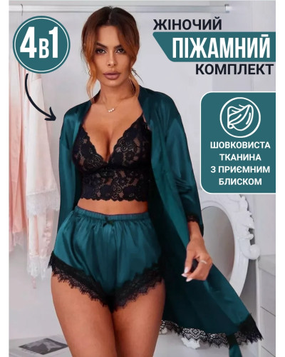 Женская шелковая пижама 4 в 1 (халат, топ, шорты и трусики) розовый S, M, L Женская шелковая пижама 4 в 1 (халат, топ, шорты и трусики) розовый S, M, L