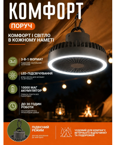Портативний акумуляторний вентилятор 3в1 з LED-підсвічуванням
